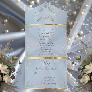 Silberne Vintage-Rand-Quinceanera - Pastellblau All In One Einladung
