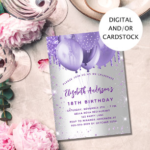 Silberne violette Glitterballons zum Geburtstag Einladung