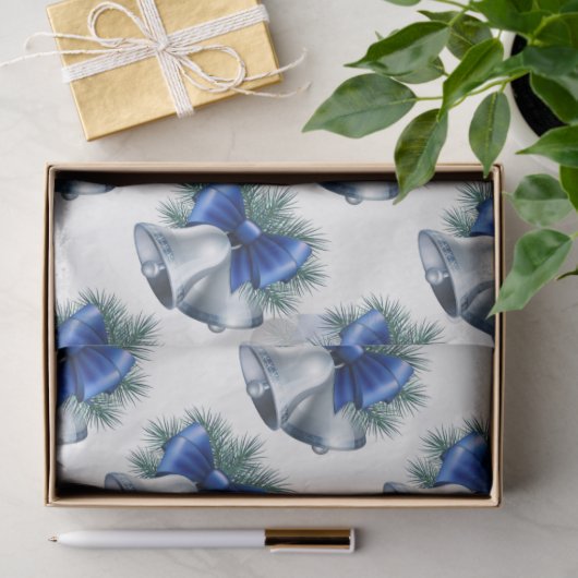 Silberne Weihnachtsglocken mit Blue Bow Seidenpapier (Geschenk)
