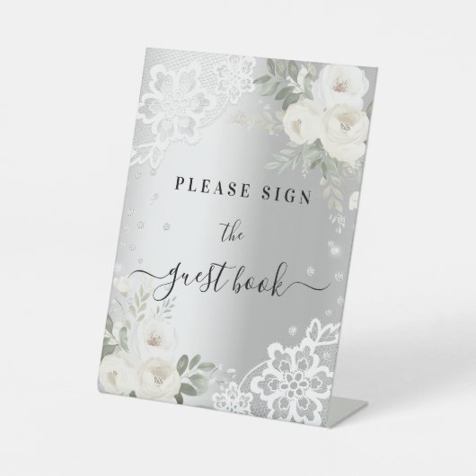 Silberne weiße Blumen prägen das Gästebuchzeichen Sockelschild (Vorderseite)