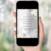 Silberne, weiße Blumen runden den Hochzeitsempfang Einladung