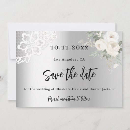Silberne weiße Blütenpraechen runden die Hochzeit Save The Date (Vorderseite)