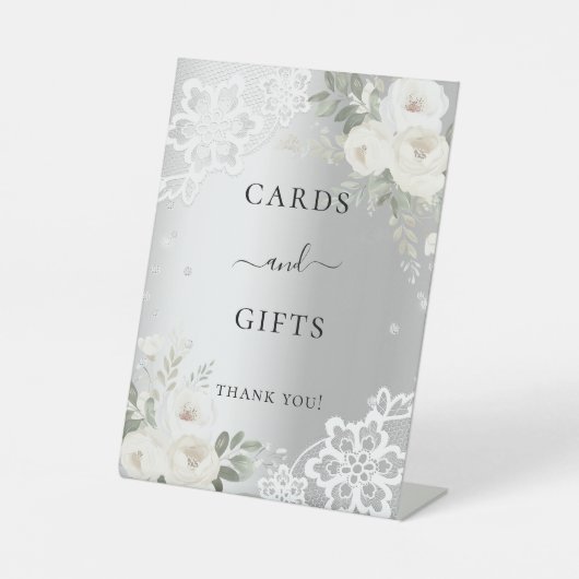 Silberne weiße Flora Spitzentaschenkarten - Zeiche Sockelschild (Vorderseite)