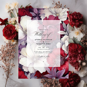 Silberne, weiße und tiefrote florale Hochzeit Einladung