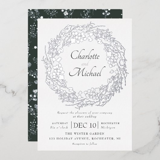 Silberne Winterbeeren - Trauung Folieneinladung (Vorderseite/Rückseite)