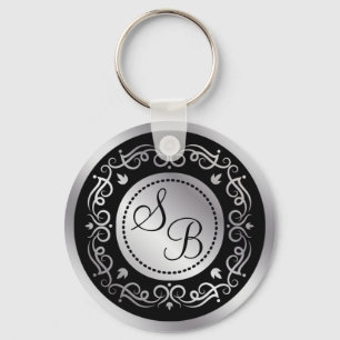 Silberne Wirbel auf Schwarz Hochzeit mit Monogramm Schlüsselanhänger