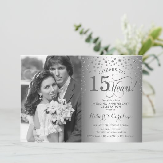 Silberner 15. Hochzeitstag mit Foto Einladung (Stehend Vorderseite)