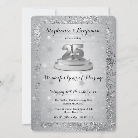 Silberner 25. Hochzeitstag Eleganter Glitzer Einladung (Vorderseite)