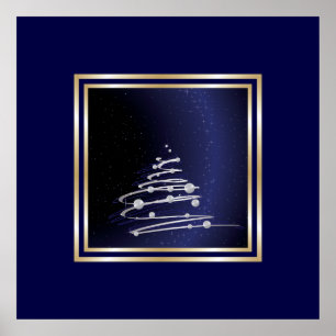 Silberner Abstrakter Weihnachtsbaum auf blau Poster