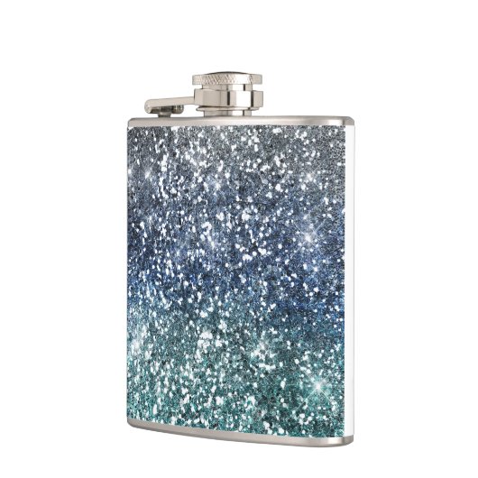 Silberner aquamariner blauer Glitzer-Blick Flachmann (Links)