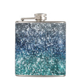 Silberner aquamariner blauer Glitzer-Blick Flachmann (Vorderseite)