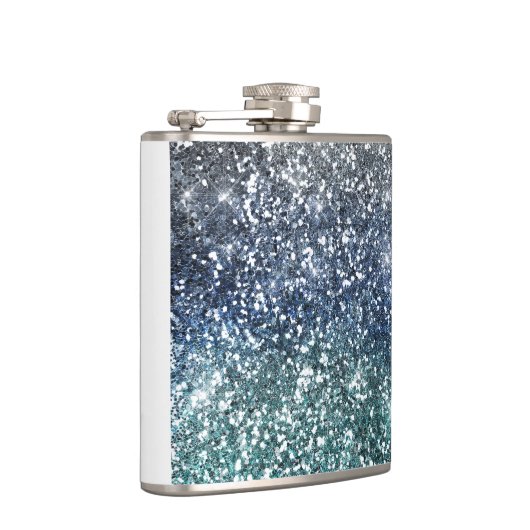 Silberner aquamariner blauer Glitzer-Blick Flachmann (Rechts)