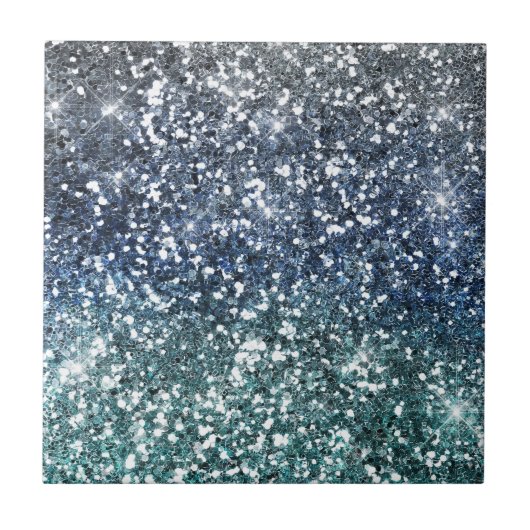 Silberner aquamariner blauer Glitzer-Blick Fliese (Vorderseite)