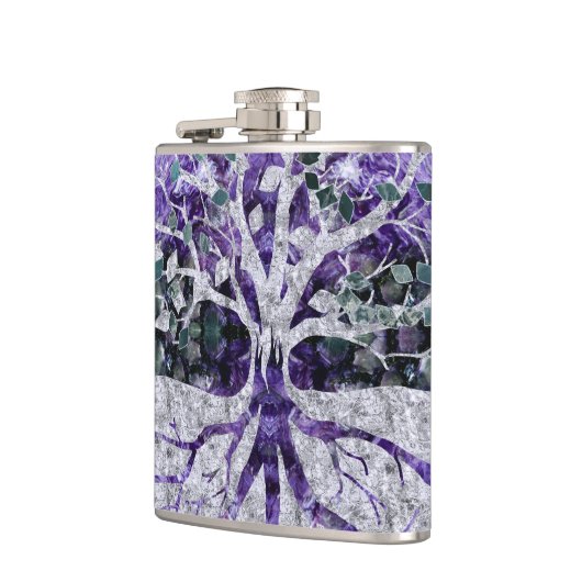 Silberner Baum des Lebens Yggdrasil auf Amethyst Flachmann (Links)
