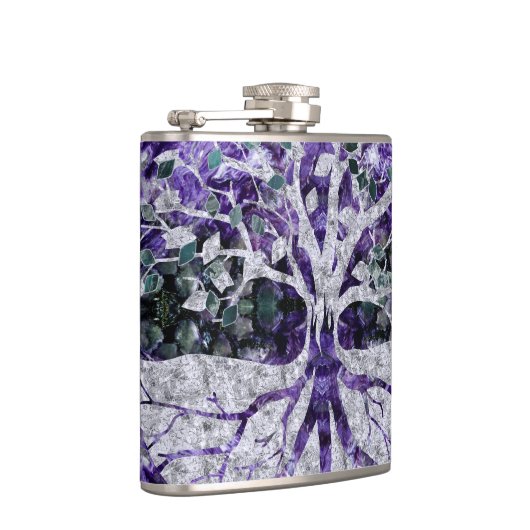 Silberner Baum des Lebens Yggdrasil auf Amethyst Flachmann (Rechts)