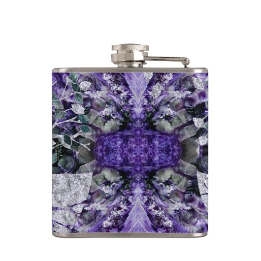 Silberner Baum des Lebens Yggdrasil auf Amethyst Flachmann (Rückseite)