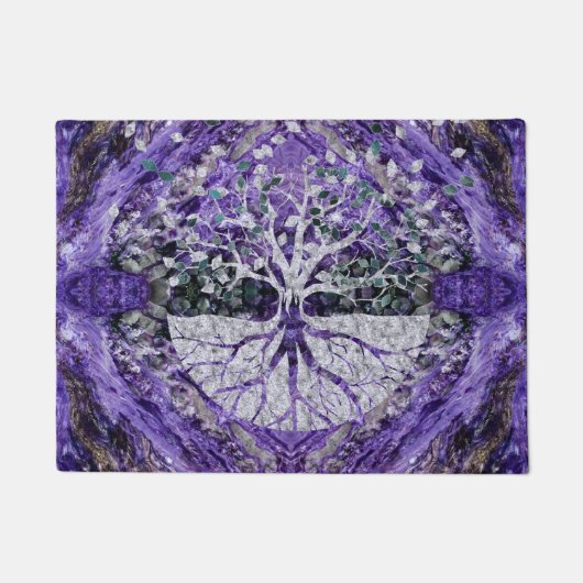 Silberner Baum des Lebens Yggdrasil auf Amethyst Fußmatte (Vorderseite)