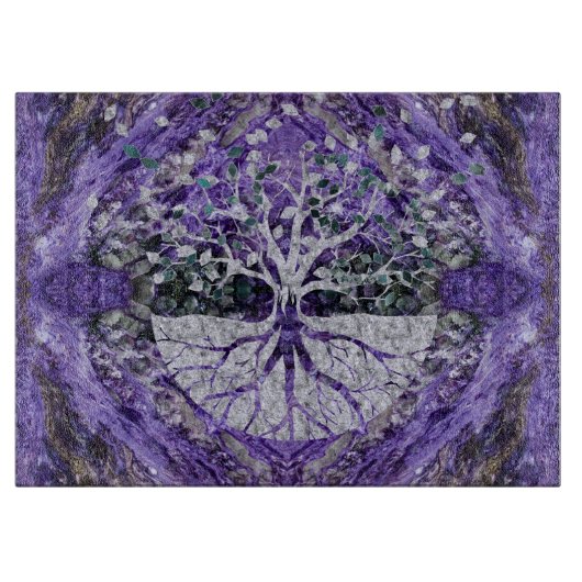 Silberner Baum des Lebens Yggdrasil auf Amethyst Schneidebrett (Vorderseite)