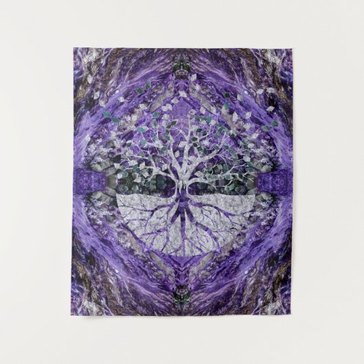 Silberner Baum des Lebens Yggdrasil auf Amethyst Wandteppich (Vorderseite)