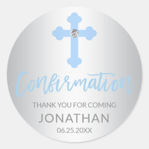 Silberner blauer Quer-BESTÄTIGUNG Junge danken Runder Aufkleber