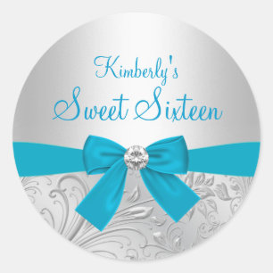 Silberner Blumenwirbel & Schleifen Sweet Sixteen A Runder Aufkleber
