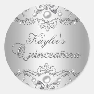Silberner Damast-Perlen-Quinceanera-Aufkleber Runder Aufkleber
