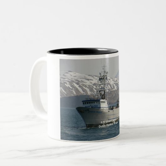 Silberner Delphin, Krabben-Boot im Zweifarbige Tasse (Vorderseite Links)