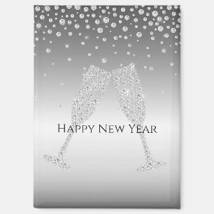 Silberner Diamant Glitzer Champagnerglas Neujahr Magnet