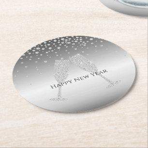 Silberner Diamant Glitzer Champagnerglas Neujahr Runder Pappuntersetzer
