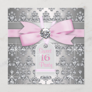 Silberner Diamant Rosa und Graue Geburtstagsfeier Einladung
