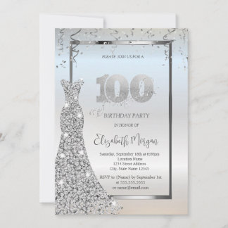 Silberner Diamantenkleid zum 100. Geburtstag glänz Einladung
