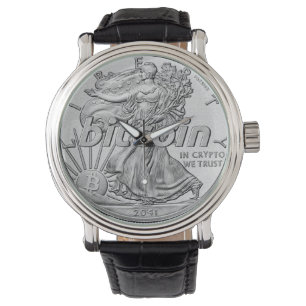 Silberner Dollar Bitcoin Cryptocurrency HODL Armbanduhr