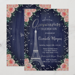 Silberner Eiffelturm Diamanten Blumen Quinceañera Einladung
