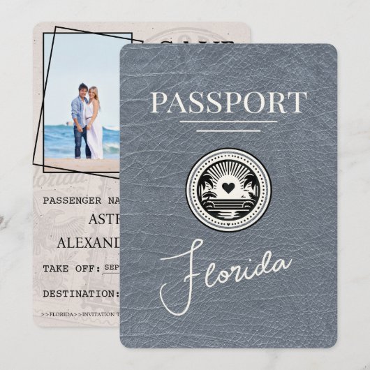 Silberner Florida Reisepass Save The Date (Vorne/Hinten)