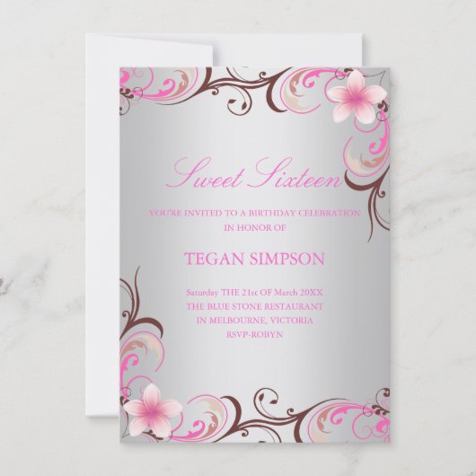 Silberner Frangipani-16. Geburtstag-Geburtstag Einladung (Vorderseite)