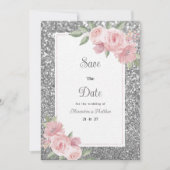 Silberner funkelnder Glitter rosa floraler Save-Th Einladung (Vorderseite)