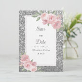 Silberner funkelnder Glitter rosa floraler Save-Th Einladung (Stehend Vorderseite)