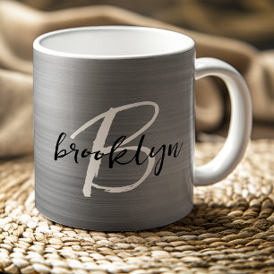 Silberner gebürsteter Metall-Schriftmonogramm Schw Kaffeetasse