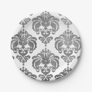 Silberner Glanz und weißer Damast Vintage-Hochzeit Pappteller