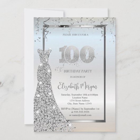 Silberner glänzender Diamant-Kleid Silberner 100.  Einladung (Vorderseite)