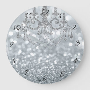 Silberner Glitter Bokeh Glam Kronleuchter Funkeln  Große Wanduhr