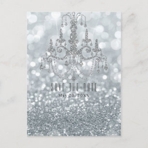 Silberner Glitter-Bokeh-Glam-Kronleuchter Save the Ankündigungspostkarte