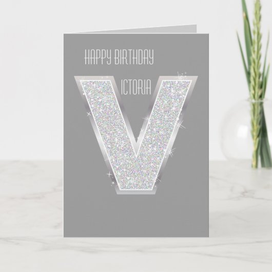 Silberner Glitter-Buchstabe V Karte (Vorderseite)
