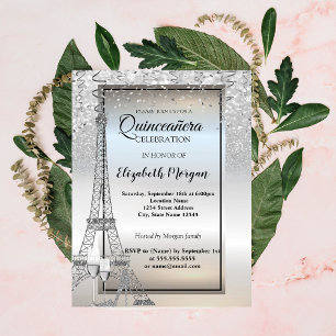 Silberner Glitter Eiffelturm, Glas Quinceañera Einladung
