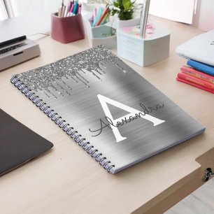 Silberner Glitter gebürsteter Metall-Monogramm-Nam Notizblock