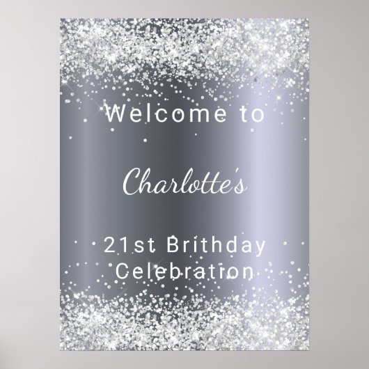 Silberner Glitter-Name zum Geburtstag Willkommen Poster (Vorne)