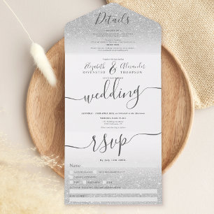 Silberner Glitter-Ombre-Weiß-Schrift-Hochzeit All In One Einladung