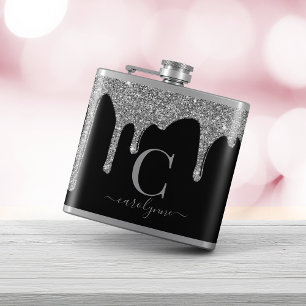 Silberner Glitter-Tropfen auf schwarzem Monogramm Flachmann