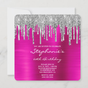 Silberner Glitter-Tropfen Fuchsia-Folie 60. Geburt Einladung