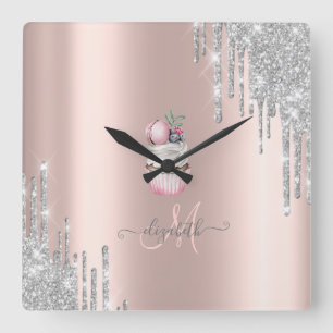 Silberner Glitter-Tropfen Rose Gold Monogramm Cupc Quadratische Wanduhr